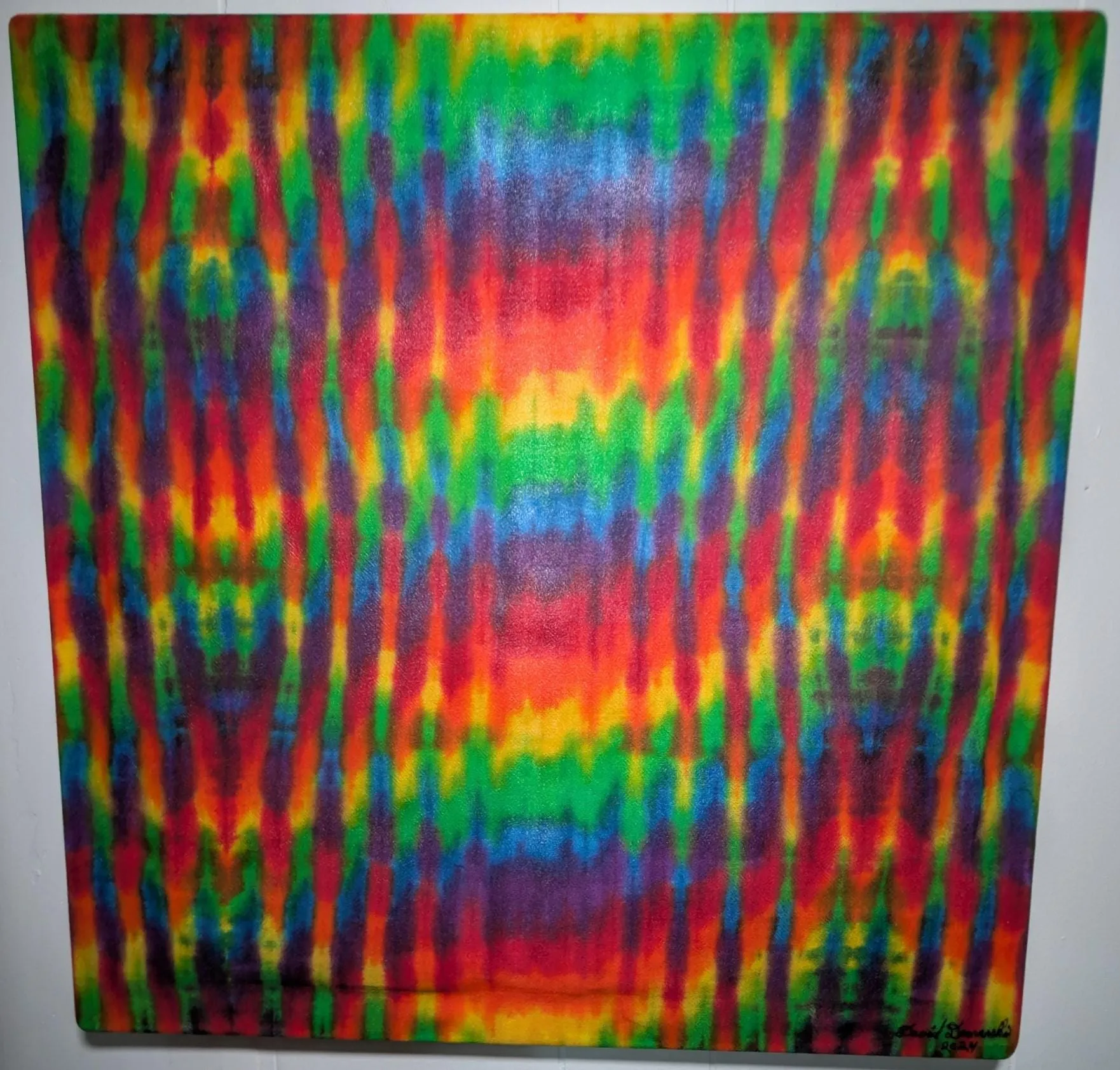 24"X24"X.75" Trippy Weaver Tie Dye on a Square Panel of Calcutta Cotton Stretched onto 24"X24" Stretcher Bars, Signed, Clear Coated