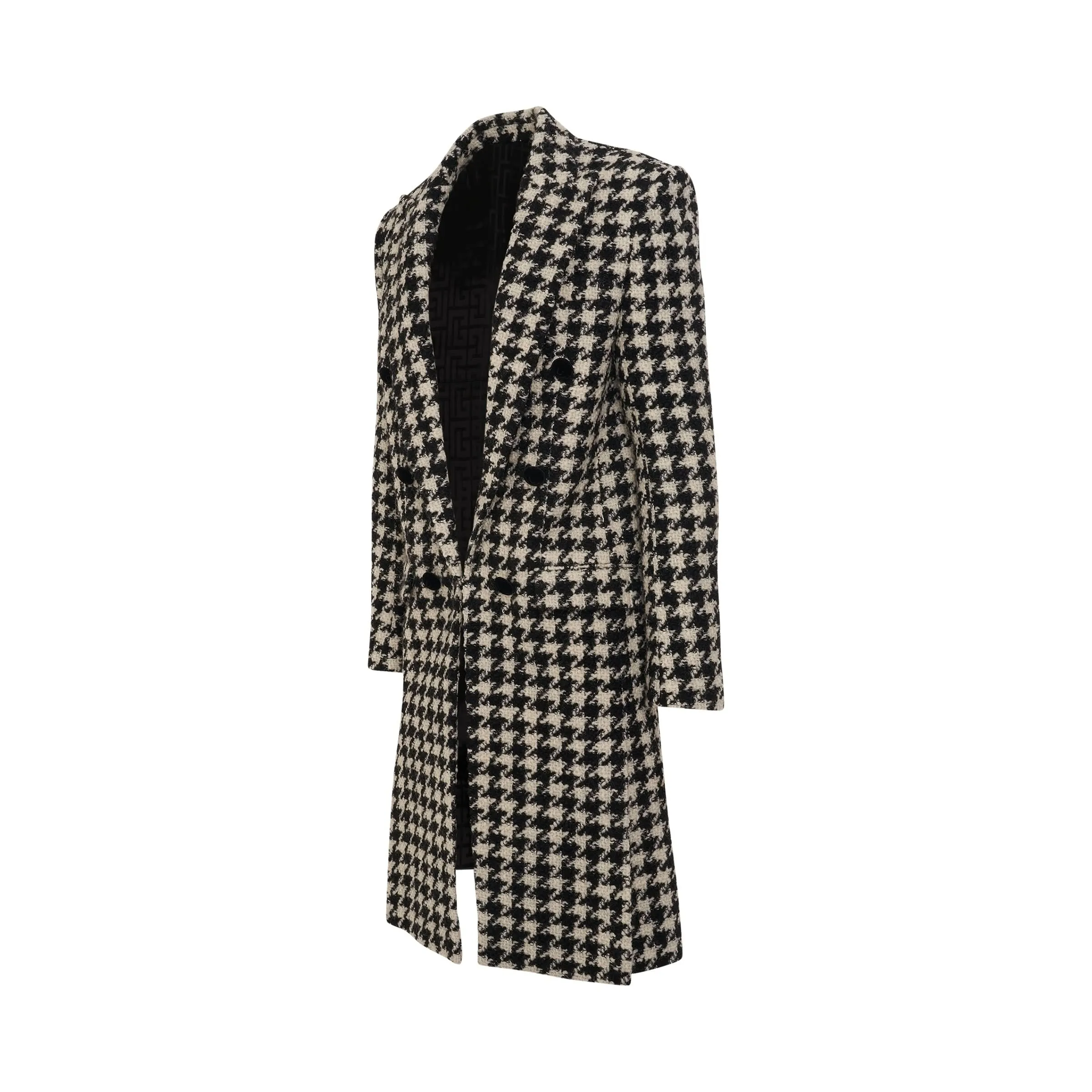 6 Button Houndstooth Tweed Coat in White/Black