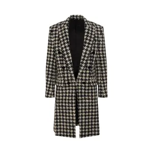 6 Button Houndstooth Tweed Coat in White/Black