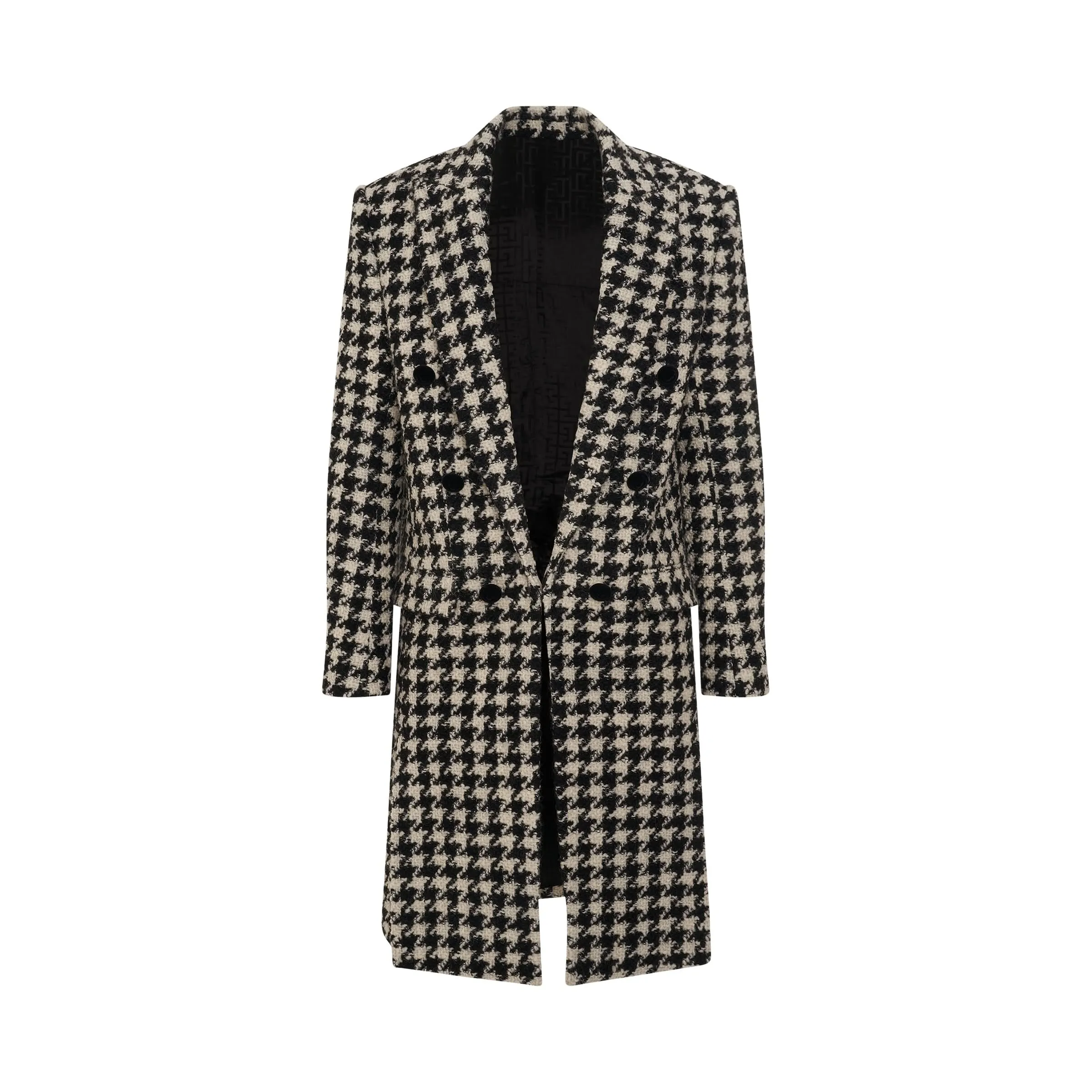 6 Button Houndstooth Tweed Coat in White/Black