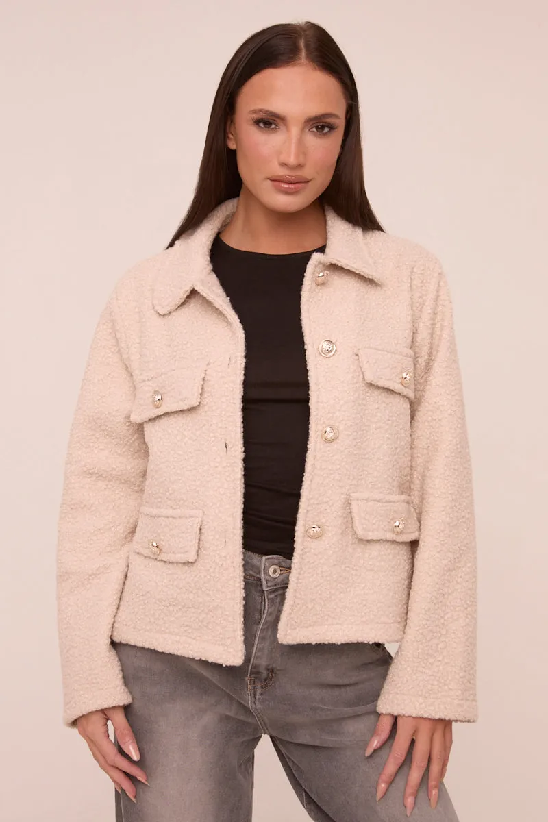 Beige Boucle Button Up Front Pocket Detail Jacket - Vanessa