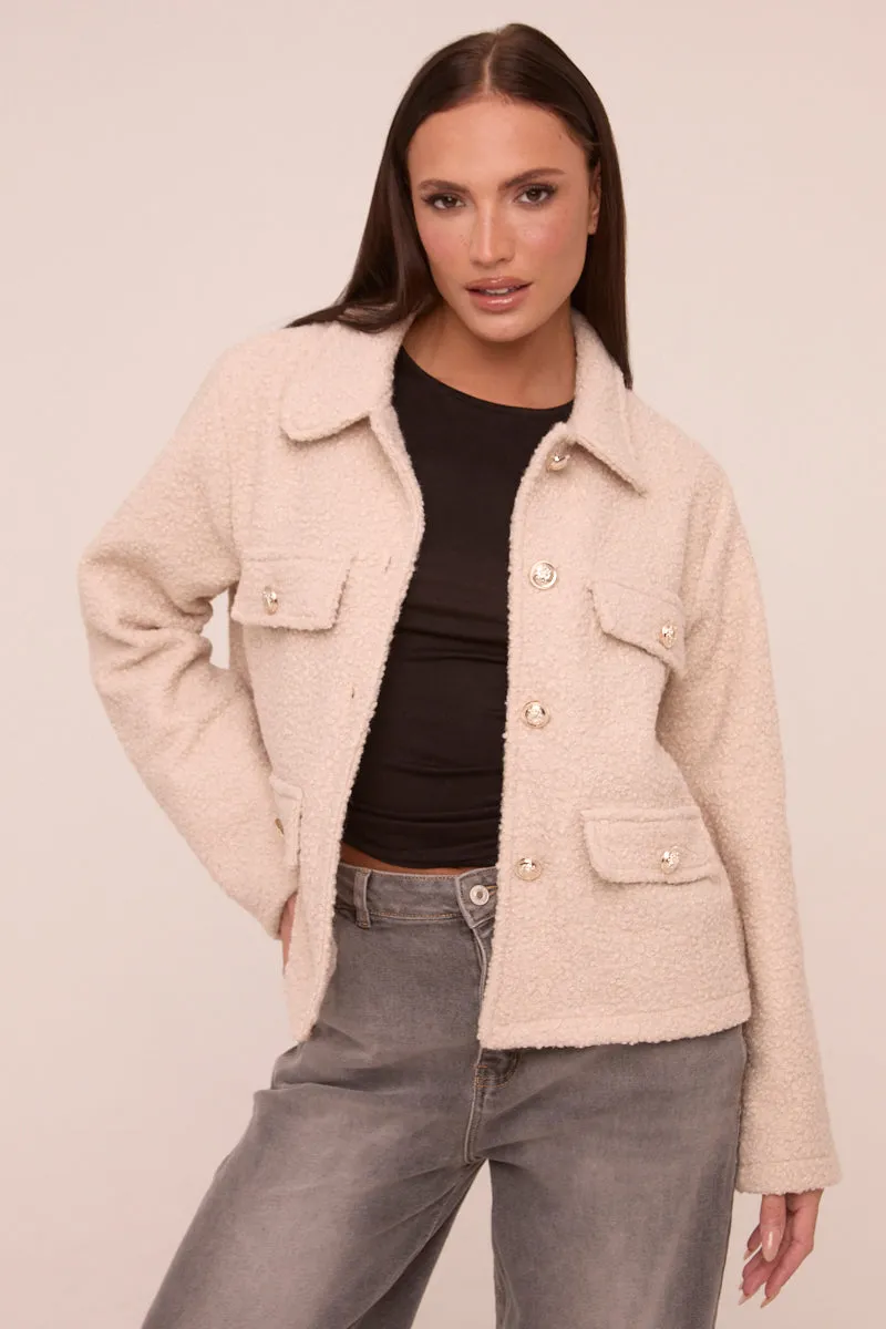 Beige Boucle Button Up Front Pocket Detail Jacket - Vanessa