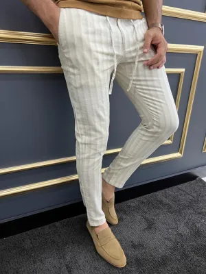 Bojoni Uluwatu Slim Fit Beige Rope Detailed Trouser