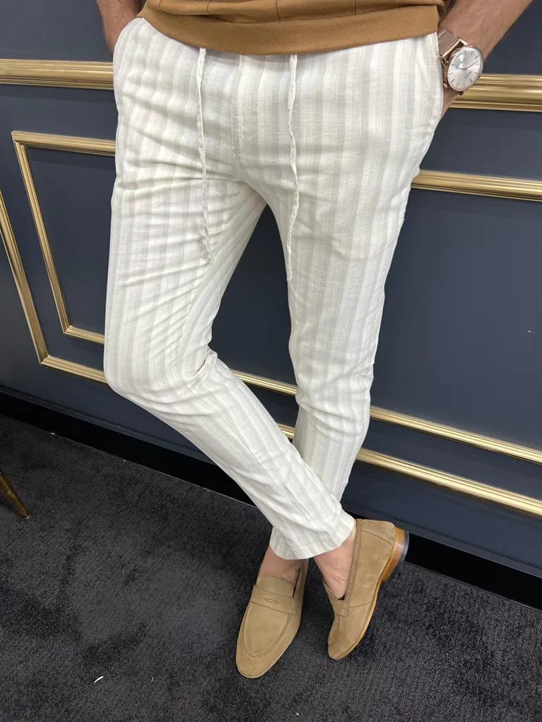 Bojoni Uluwatu Slim Fit Beige Rope Detailed Trouser