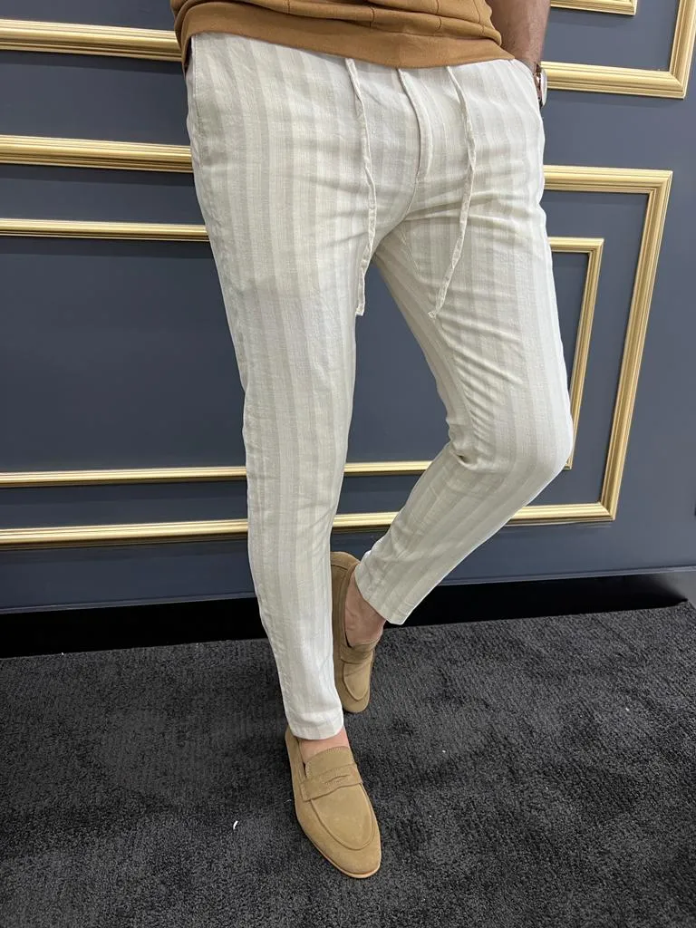 Bojoni Uluwatu Slim Fit Beige Rope Detailed Trouser