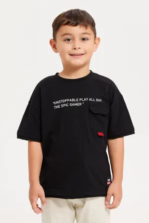 Boys Black Printed Over Sized Pocket Layered T-Shirt