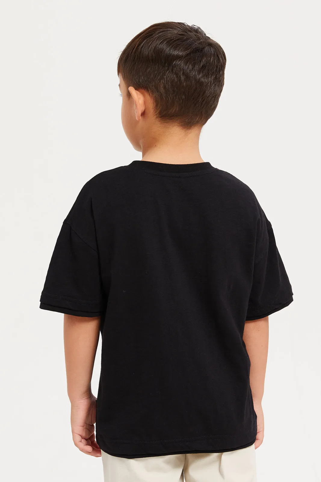 Boys Black Printed Over Sized Pocket Layered T-Shirt