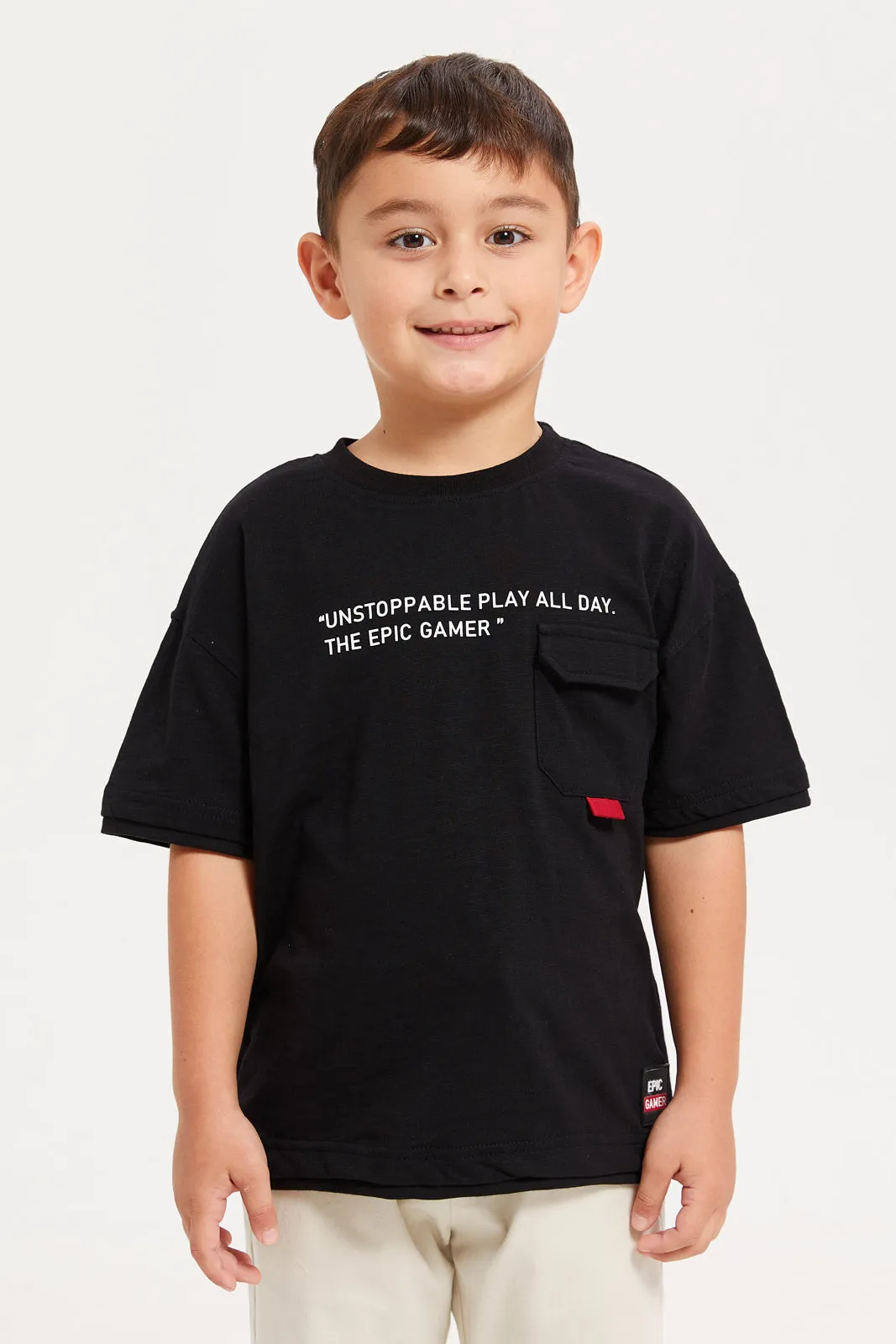 Boys Black Printed Over Sized Pocket Layered T-Shirt