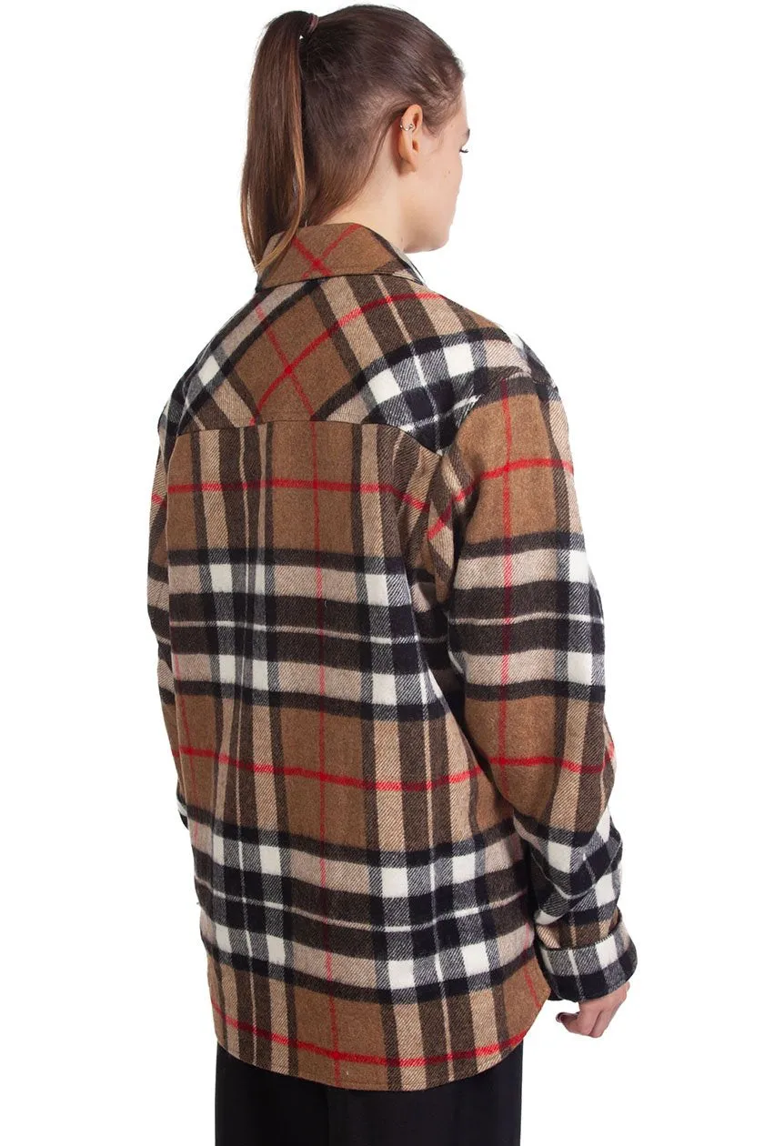 Brown Wool Check Half-Zip Shirt