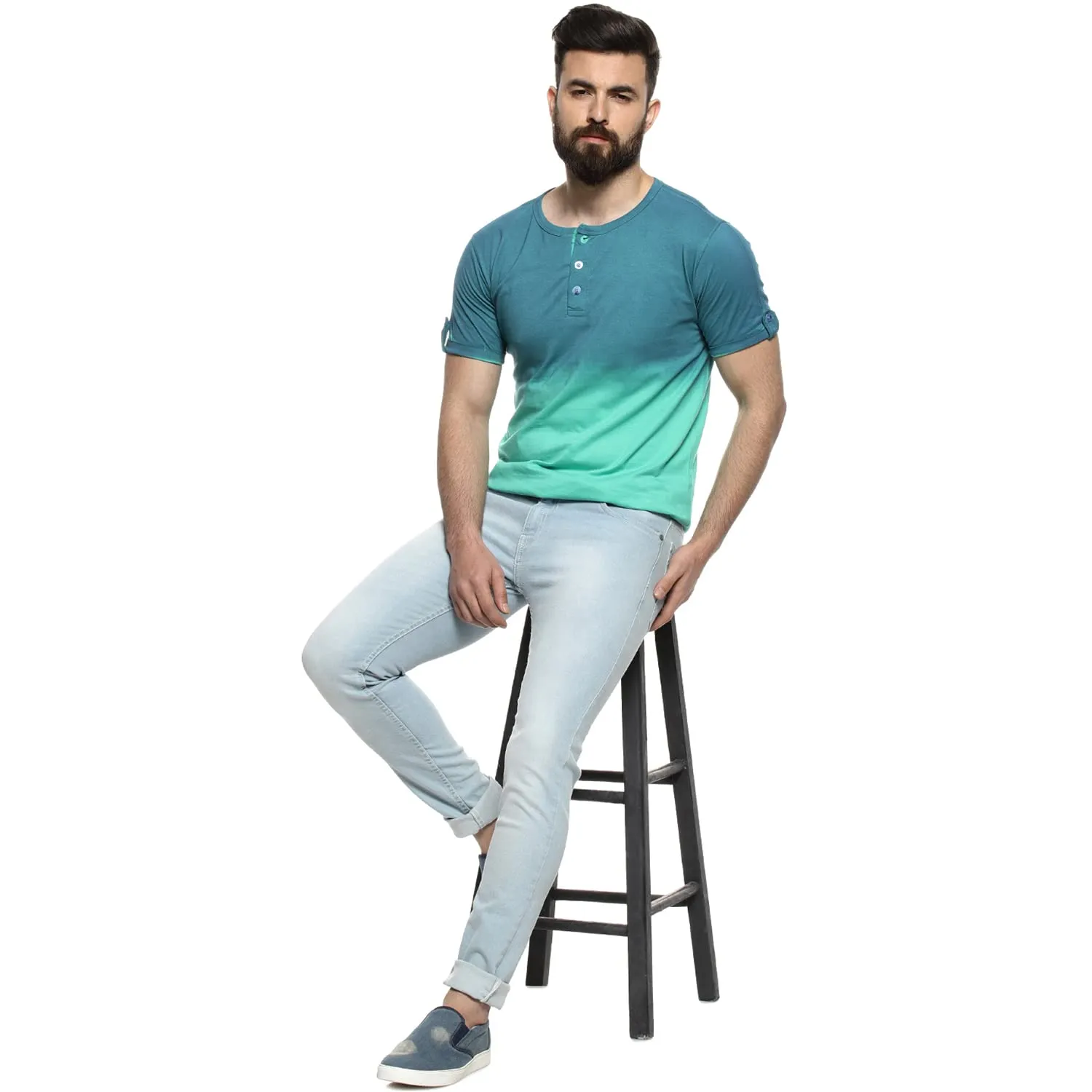 Campus Sutra Men's Blue and Mint Ombre Henley Neck Short Sleeve Regular Fit T-Shirt for Regular Wear | T-Shirt Crafted with Comfort Fit and High-Performance for Everyday Casual Wear