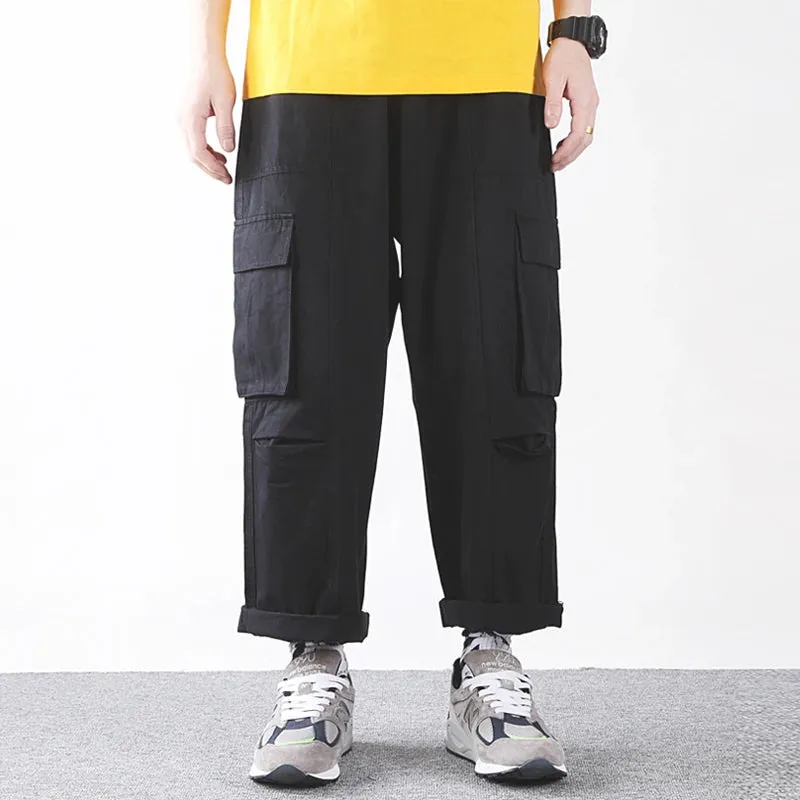 Casual Cargo Pants Men Baggy Wide-leg Cropped Work Trousers