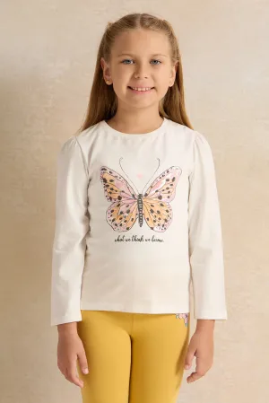 Girls White Butterfly Print T-Shirt