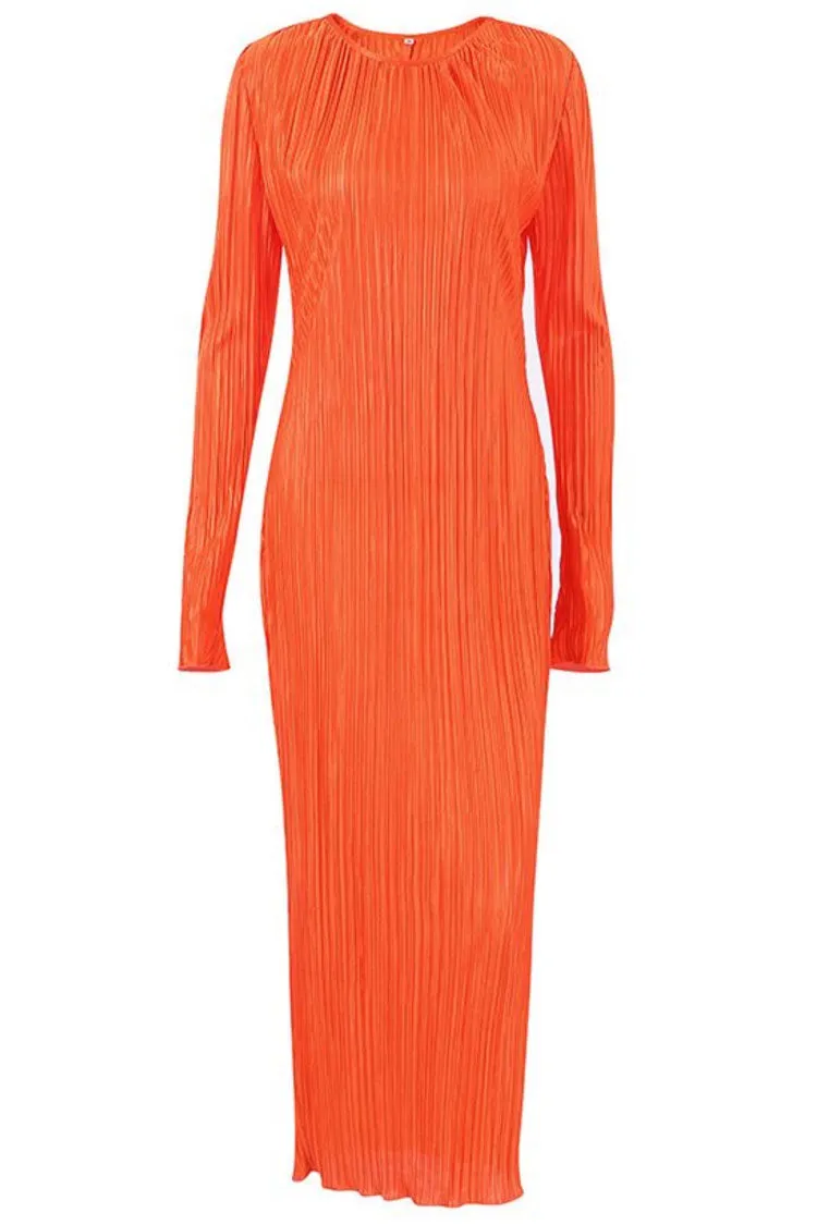 Glamours Long Sleeve Shirred Beach Vacation Maxi Dress - Burnt Orange