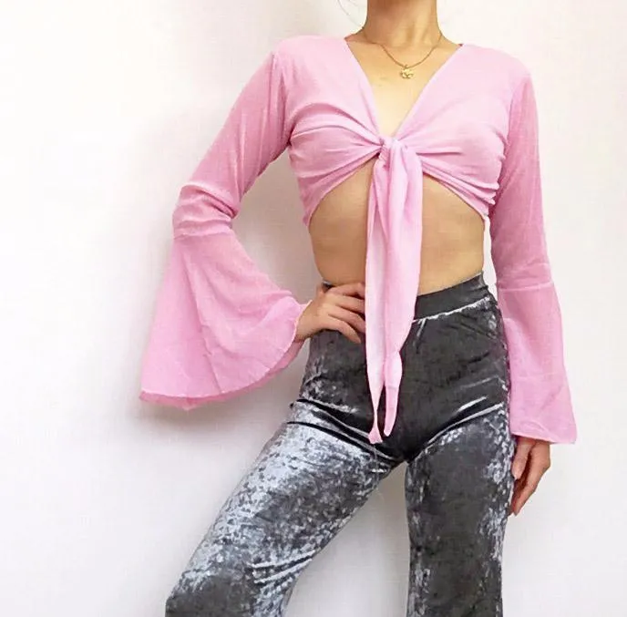 GLITTER BELL SLEEVES WRAP FRONT TIE TOP