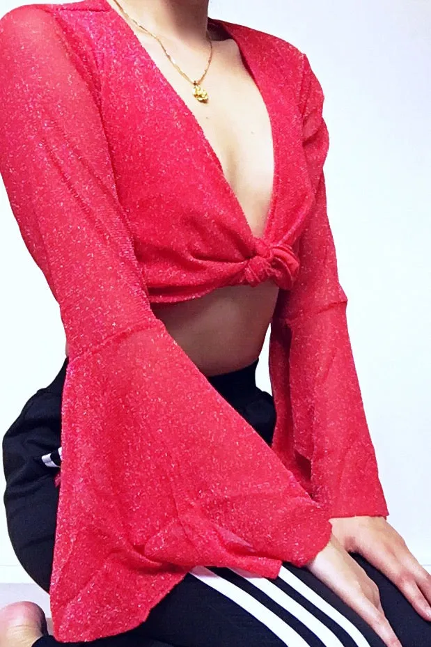 GLITTER BELL SLEEVES WRAP FRONT TIE TOP