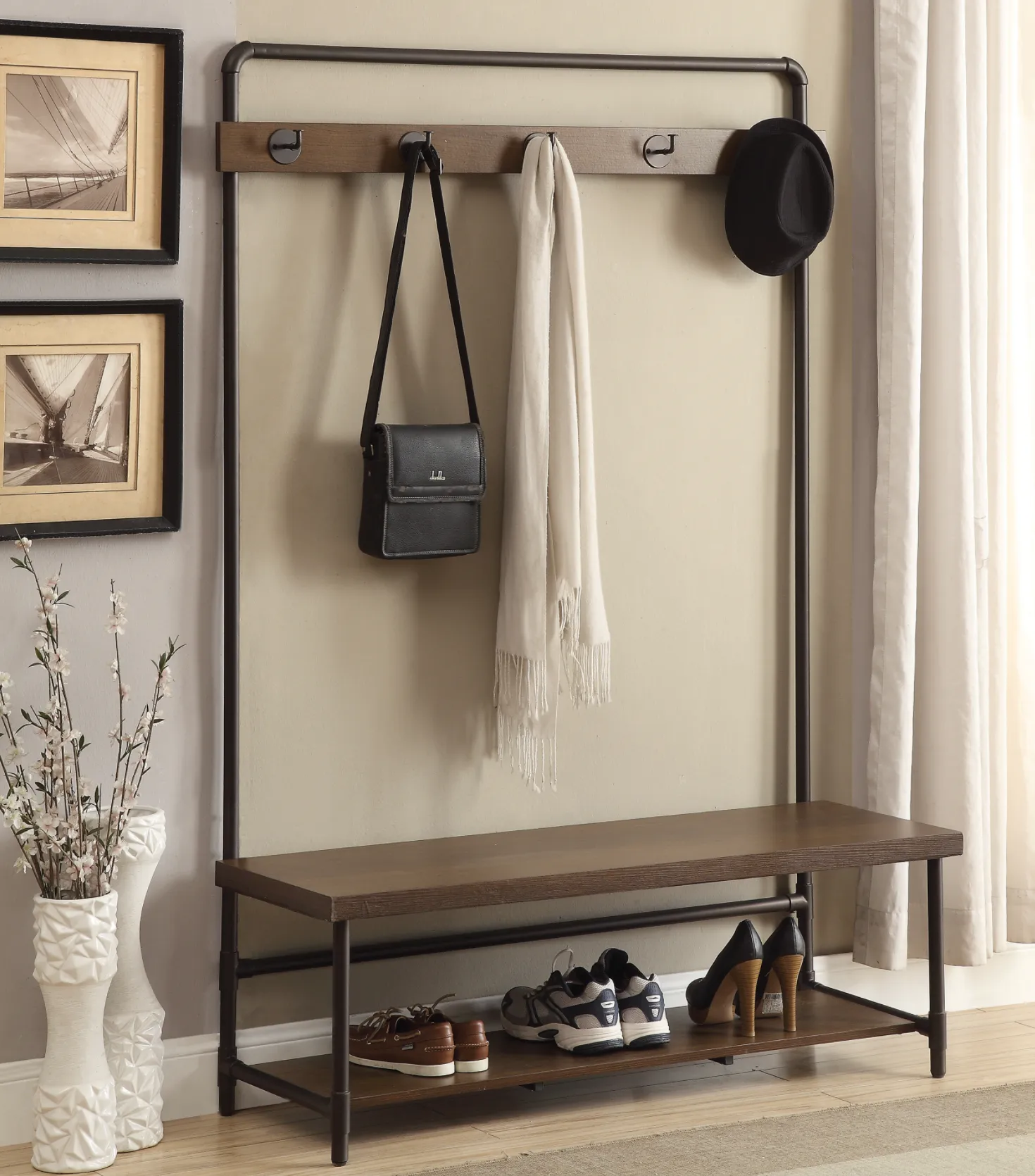 Hall Tree With 5 Coat Hooks Chestnut And Dark Bronze