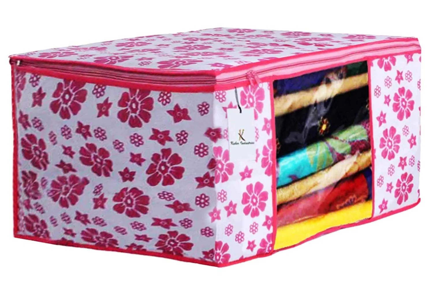 Kuber Industries Flower Printed 3 Piece Non Woven Saree Cover and 3 Pieces Underbed Storage Bag, Storage Organiser, Blanket Cover, Pink & Blue & Ivory Red -CTKTC42407