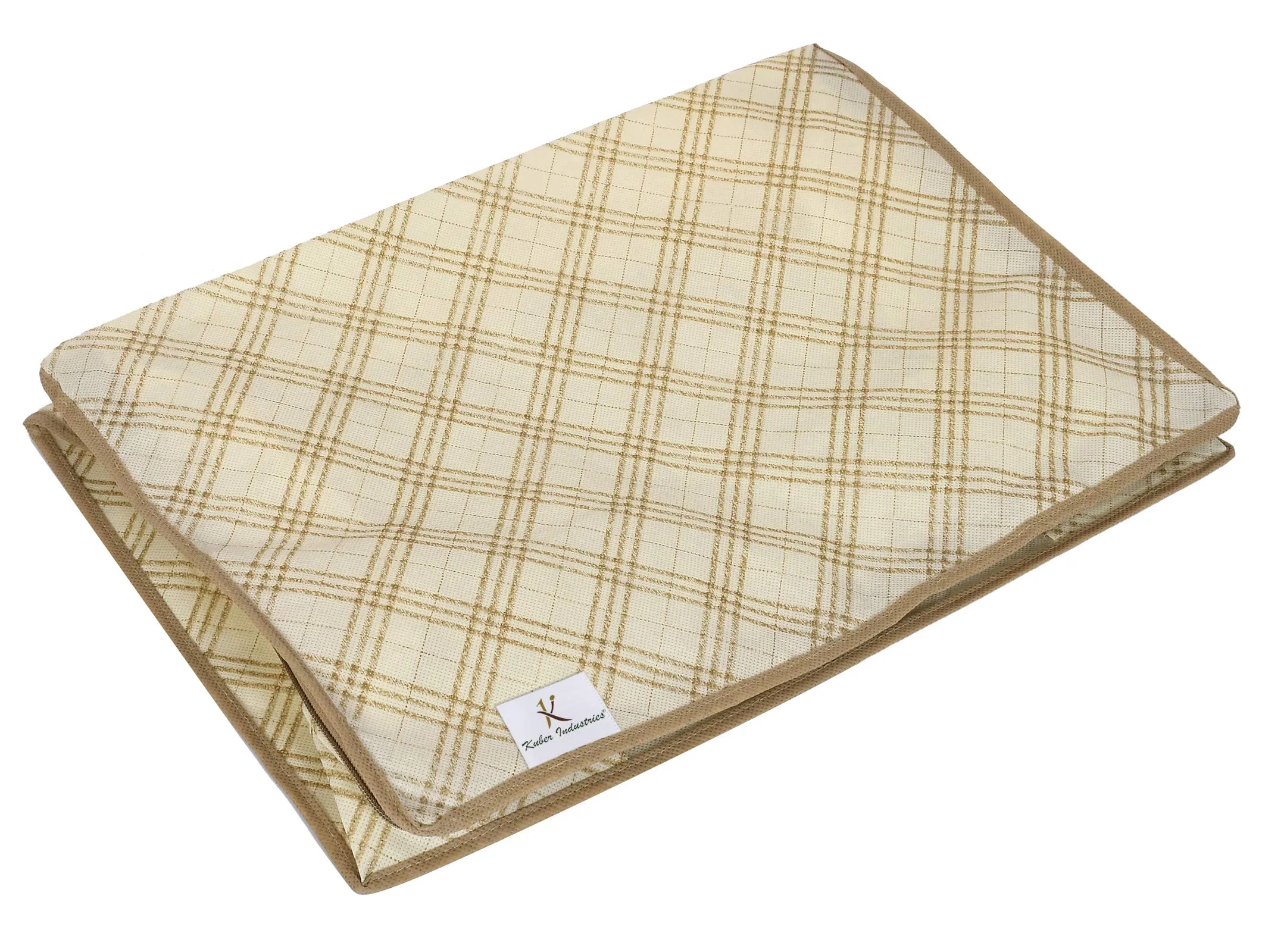 Kuber Industries Metalic Checkered Print 2 Piece Non Woven Saree Cover And 2 Pieces Underbed Storage Bag, Storage Organiser, Blanket Cover (Set of 4,Ivory)-KUBMART16670