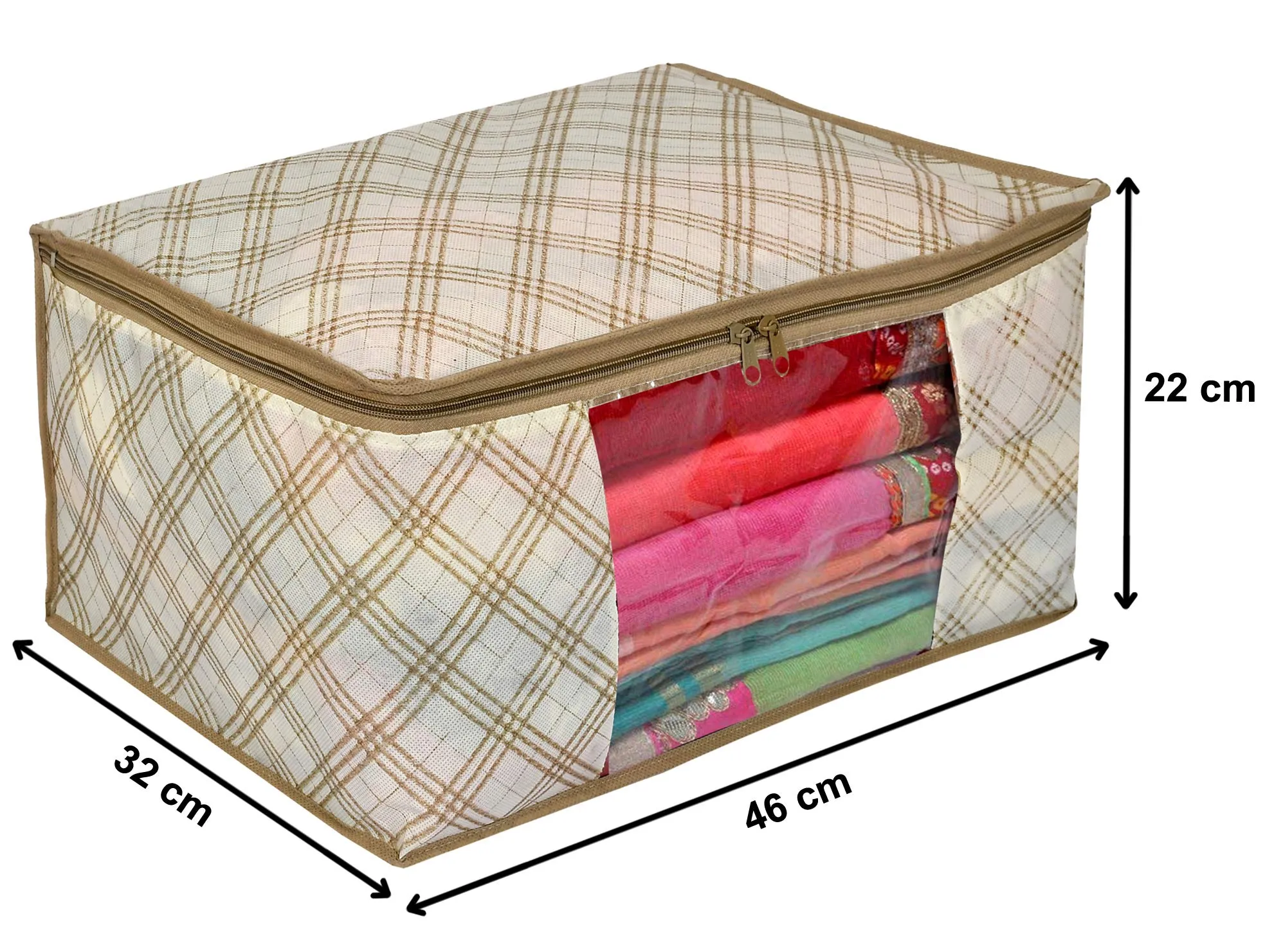 Kuber Industries Metalic Checkered Print 2 Piece Non Woven Saree Cover And 2 Pieces Underbed Storage Bag, Storage Organiser, Blanket Cover (Set of 4,Ivory)-KUBMART16670