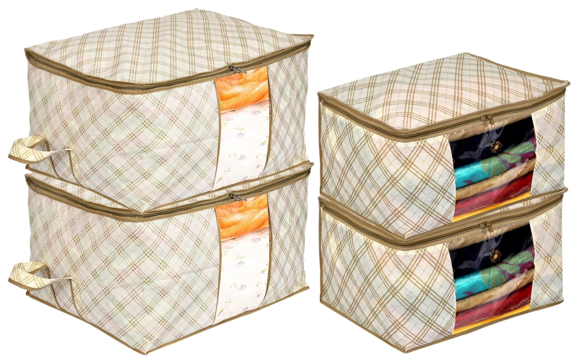 Kuber Industries Metalic Checkered Print 2 Piece Non Woven Saree Cover And 2 Pieces Underbed Storage Bag, Storage Organiser, Blanket Cover (Set of 4,Ivory)-KUBMART16670