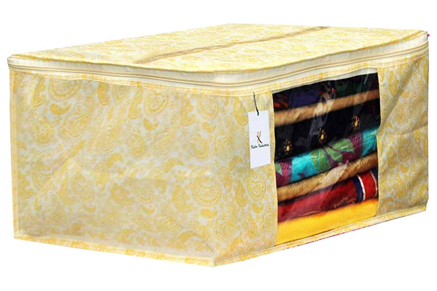 Kuber Industries Metalic Printed 4 Piece Non Woven Saree Cover and 4 Pieces Underbed Storage Bag, Storage Organiser, Blanket Cover, Gold & Beige -CTKTC42438