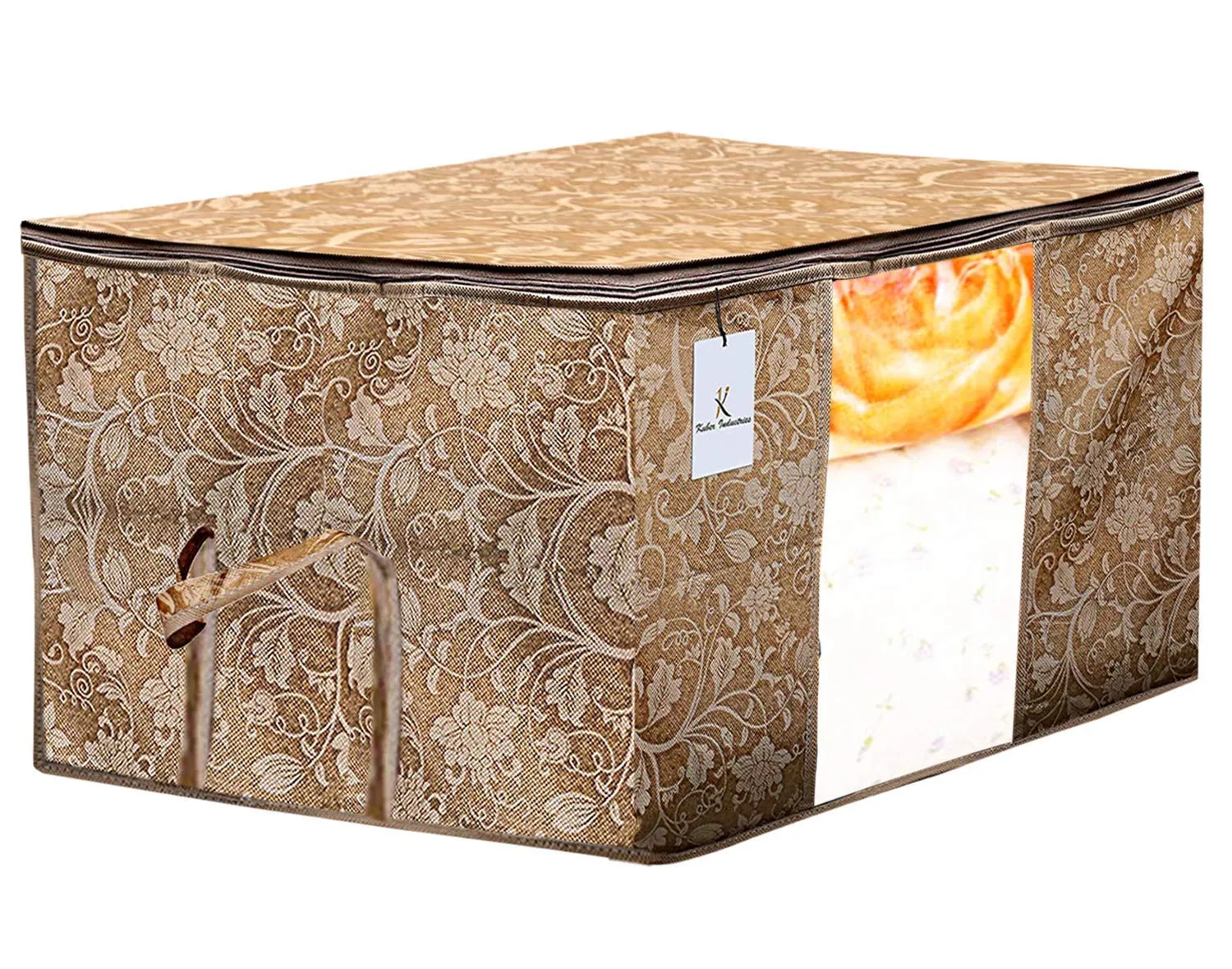 Kuber Industries Metalic Printed 4 Piece Non Woven Saree Cover and 4 Pieces Underbed Storage Bag, Storage Organiser, Blanket Cover, Gold & Beige -CTKTC42438