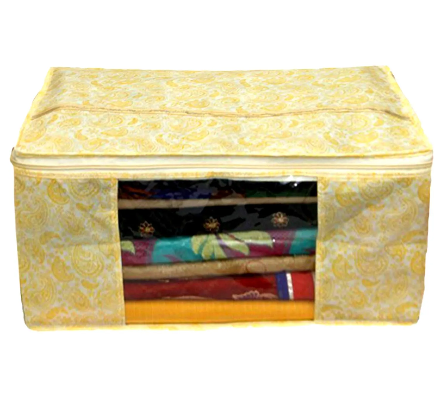 Kuber Industries Metalic Printed 4 Piece Non Woven Saree Cover and 4 Pieces Underbed Storage Bag, Storage Organiser, Blanket Cover, Green & Gold -CTKTC42444