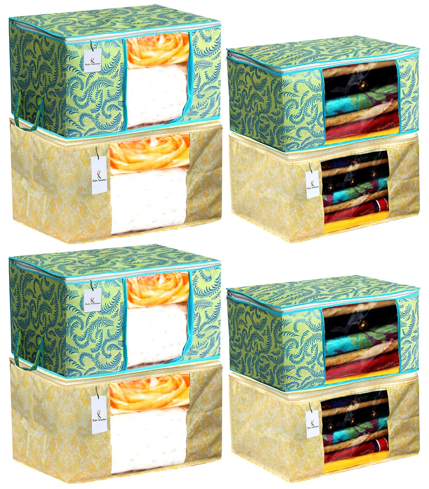 Kuber Industries Metalic Printed 4 Piece Non Woven Saree Cover and 4 Pieces Underbed Storage Bag, Storage Organiser, Blanket Cover, Green & Gold -CTKTC42444