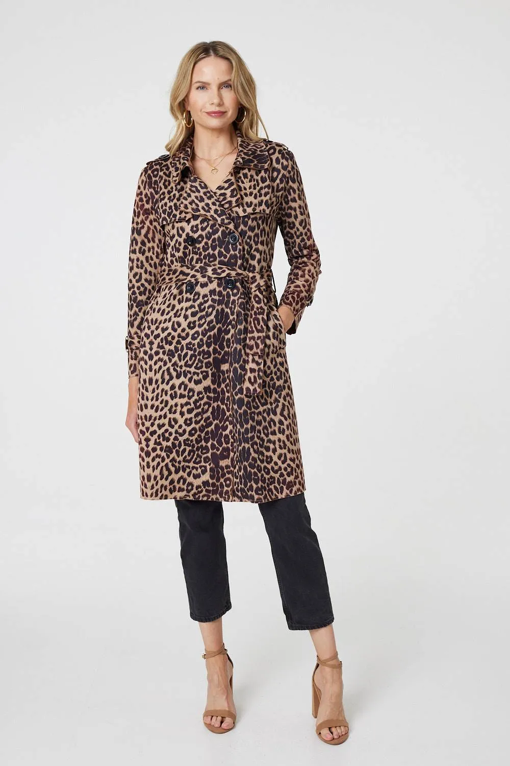 Leopard Print Double Breasted Trench Coat