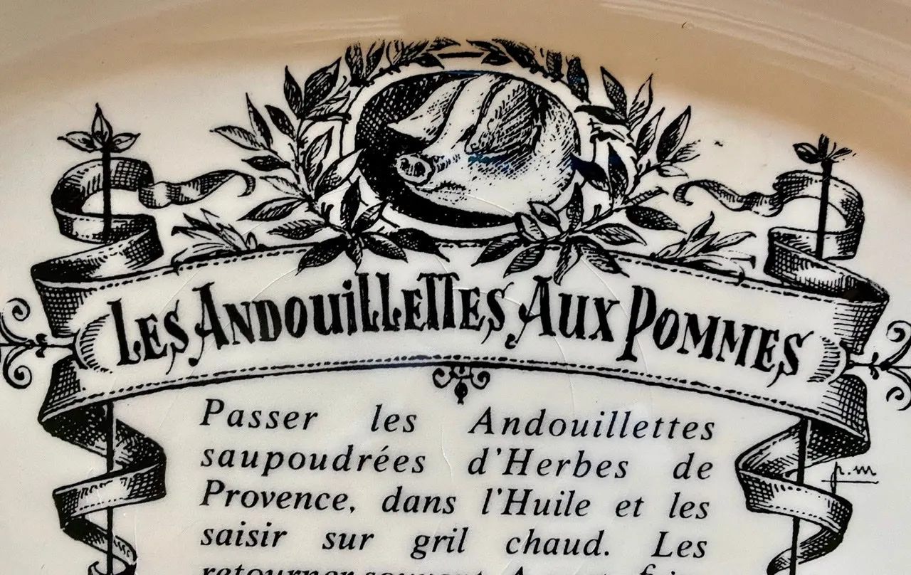 Les Andouillettes Aux Pommes French Advertising Black Transferware Platter Gien w/ Pig Boar (Copy)