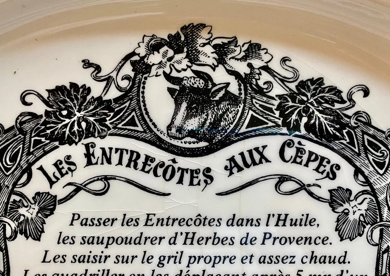 Les Entrecôtes Aux Cépes Cow Bovine Black Transferware Platter French Advertising