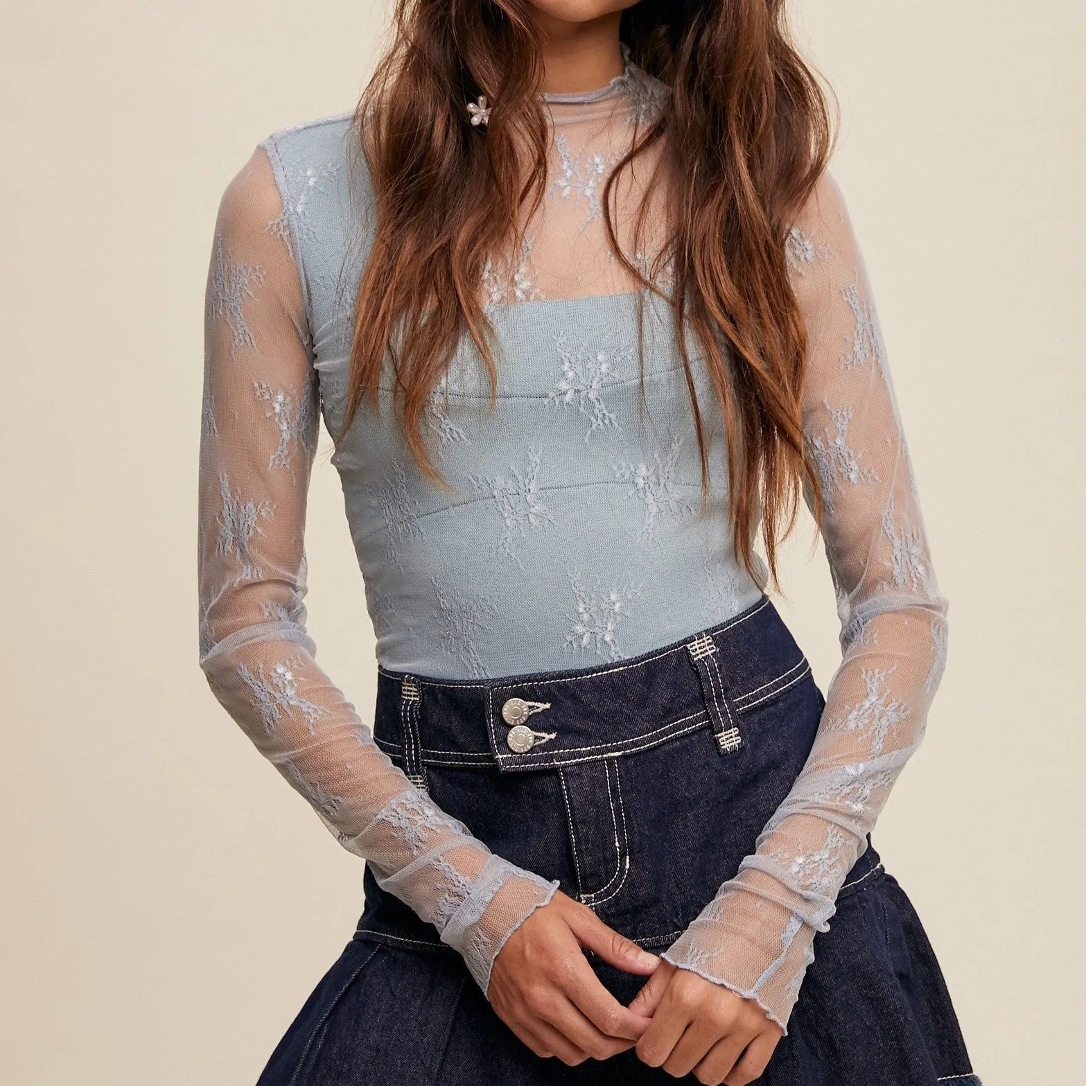 Light Blue Lace Mock Neck Layering Top