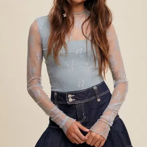 Light Blue Lace Mock Neck Layering Top