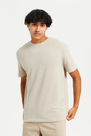 Men Beige Plain Jacquard T-Shirt