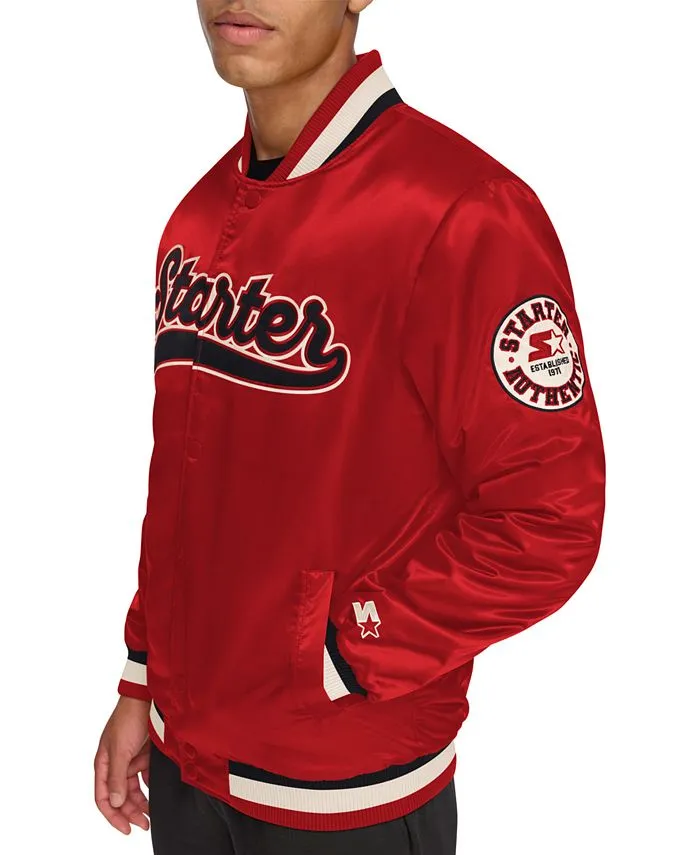 Men's Satin Regular Fit Varsity Bomber Jacket Starter, Red/Black