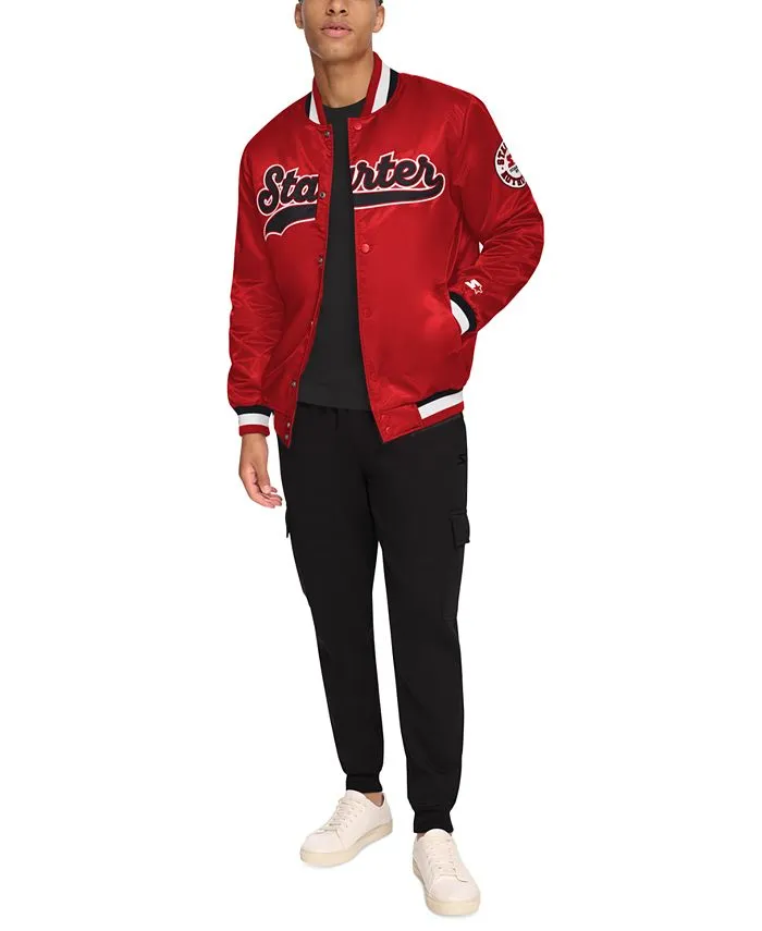 Men's Satin Regular Fit Varsity Bomber Jacket Starter, Red/Black