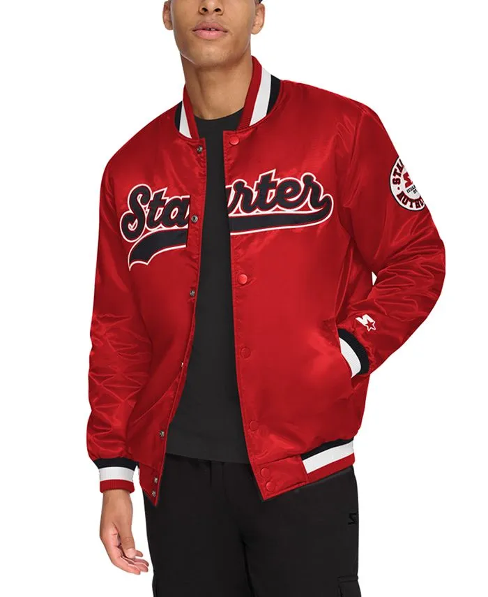 Men's Satin Regular Fit Varsity Bomber Jacket Starter, Red/Black