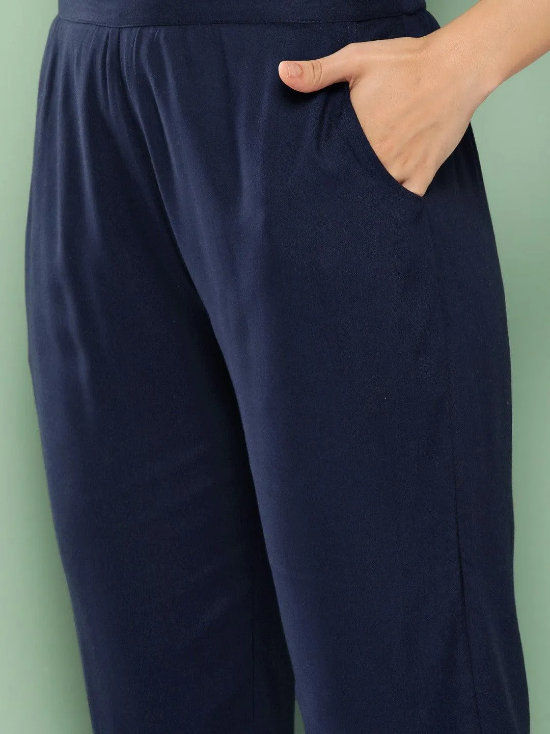 Navy Blue Solid Rayon Trousers