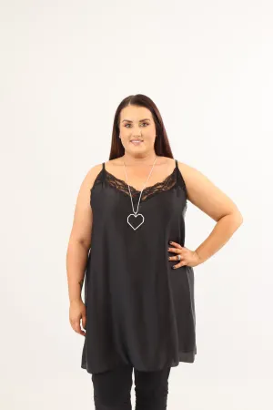 Nia Longline Lace Trim Satin Vest in Black