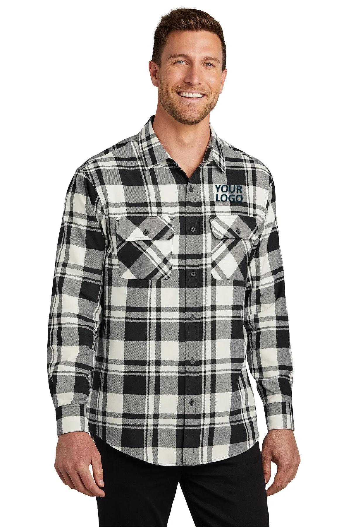 Port Authority Plaid Flannel Customized Shirts, Snow White/ Black