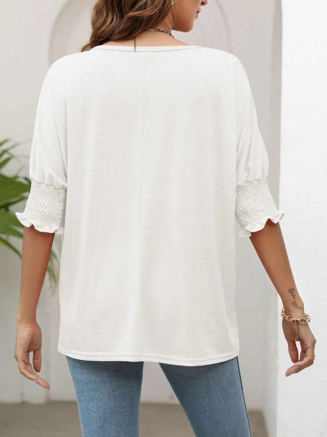 Smocked Flounce Sleeve Round Neck T-Shirt