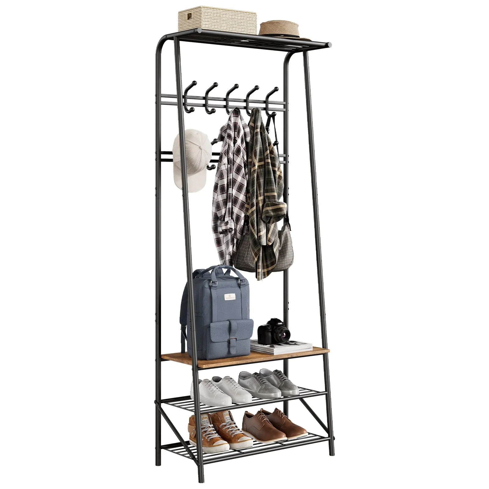 timeless WPOND Coat Rack with Shoe Bench, 4-in-1 Hall Tree W/ 5 Hooks, Entryway Bench with Coat Rack, Sturdy Steel Frame, Versatile Furniture for Bedroom, Living Room, Apartment, 25.2"W,Brown