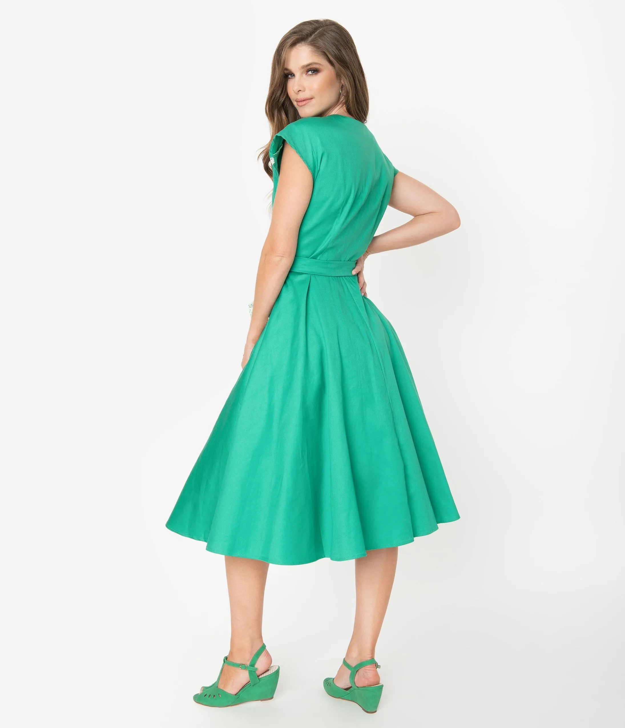 Unique Vintage 1950s Style Green & Ivory Hedda Swing Dress