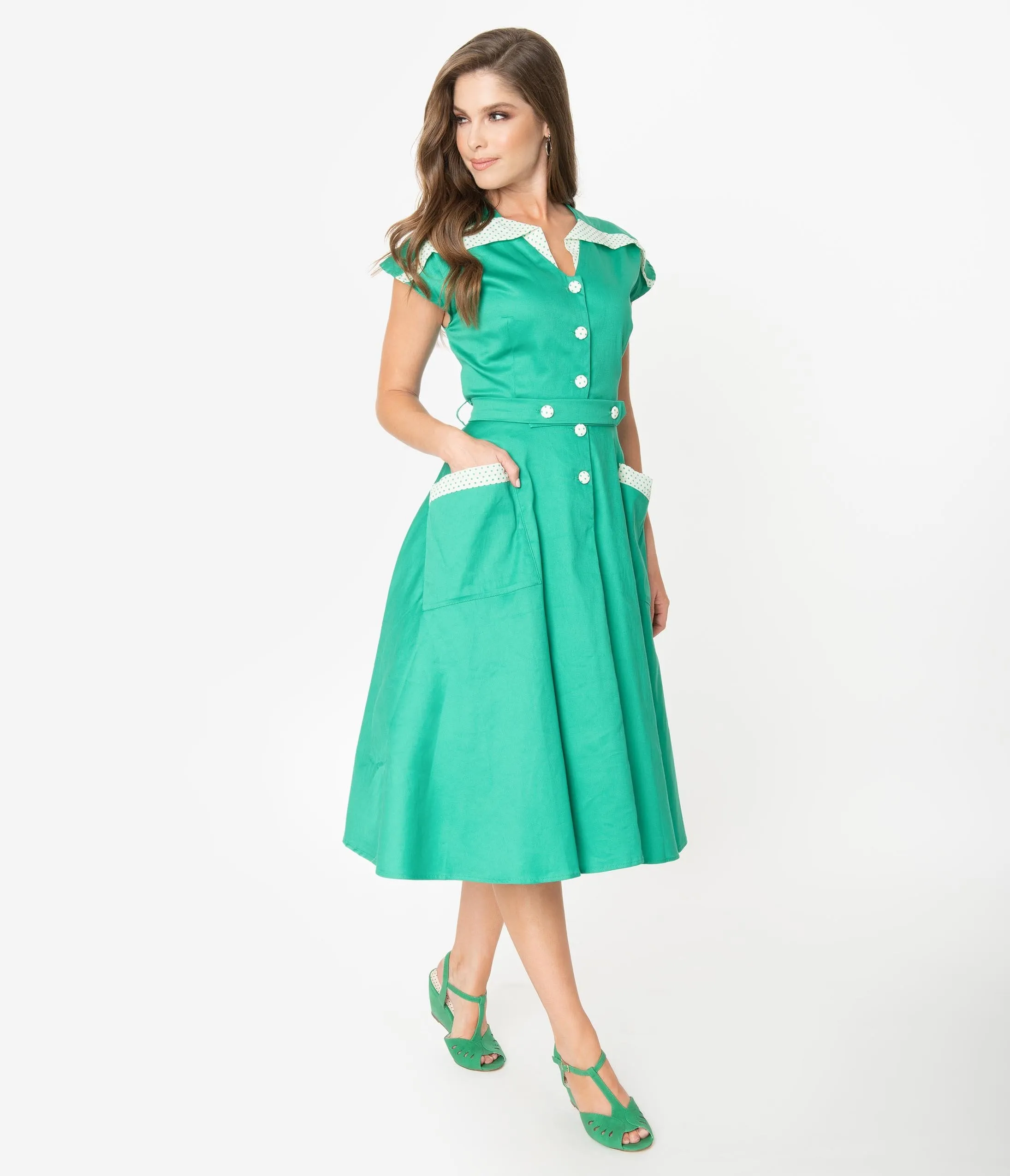 Unique Vintage 1950s Style Green & Ivory Hedda Swing Dress