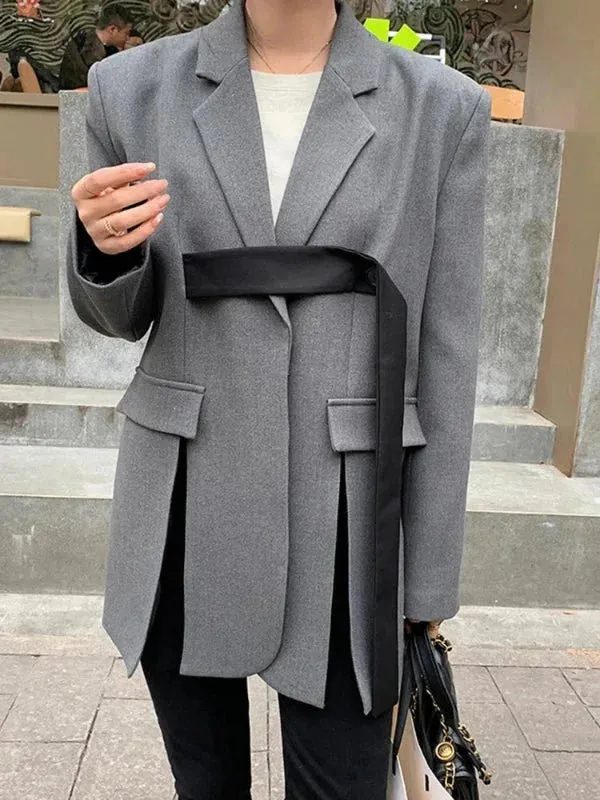 Wenkouban-Winter outfits Christmas Black Friday Cross Ribbon Slit Single Button Grey Blazer