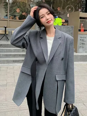 Wenkouban-Winter outfits Christmas Black Friday Cross Ribbon Slit Single Button Grey Blazer