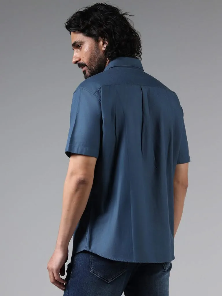 WES Casuals Solid Blue Cotton Blend Relaxed-Fit Shirt