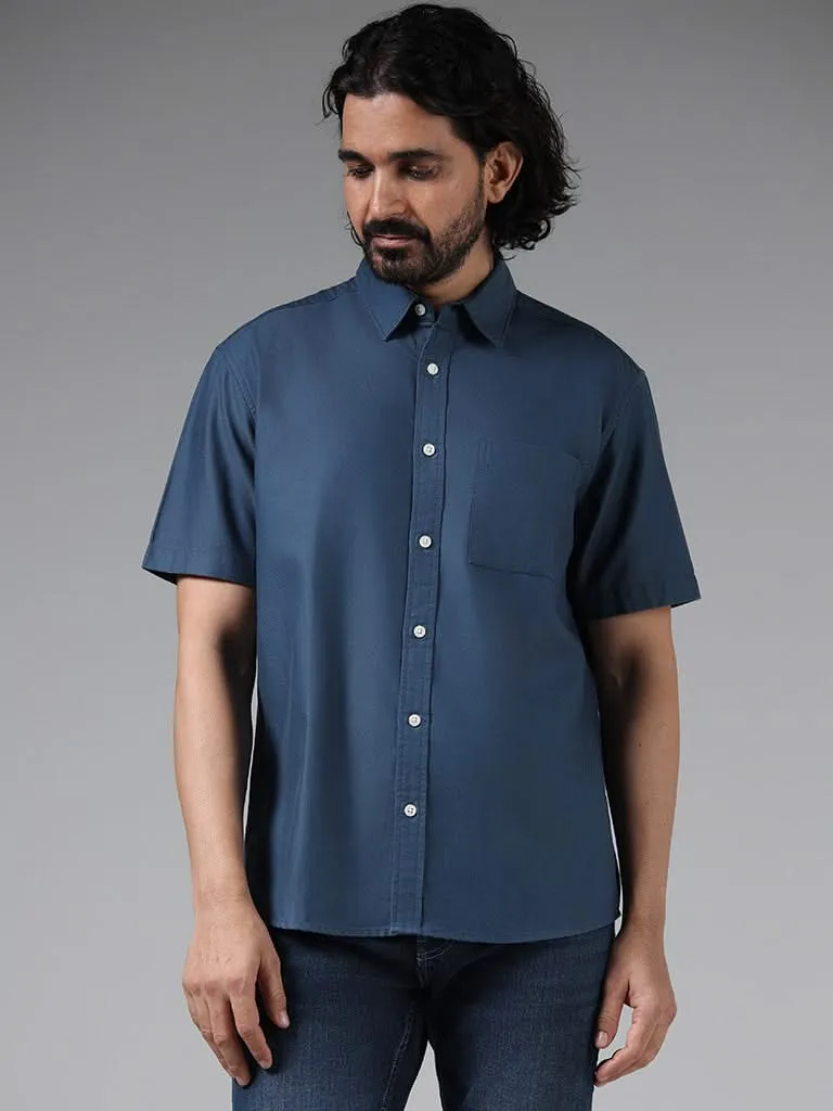 WES Casuals Solid Blue Cotton Blend Relaxed-Fit Shirt