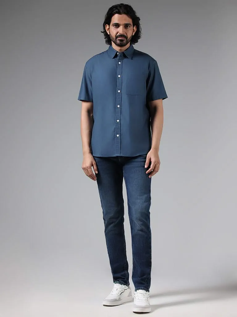 WES Casuals Solid Blue Cotton Blend Relaxed-Fit Shirt