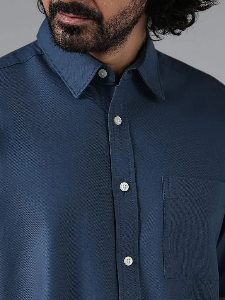 WES Casuals Solid Blue Cotton Blend Relaxed-Fit Shirt